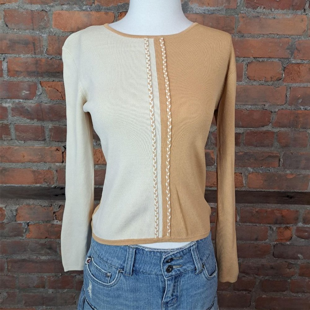 VTG Pullover Sweater Tan Ivory Color Block Rope Trim 3/4 Sleeves Lightwt Sz S